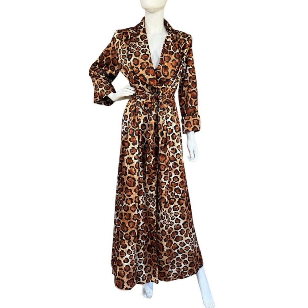 RARE VTG 70s DAVID BROWN Maxi Robe Size XS Leopard Print Pockets Tie-Waist